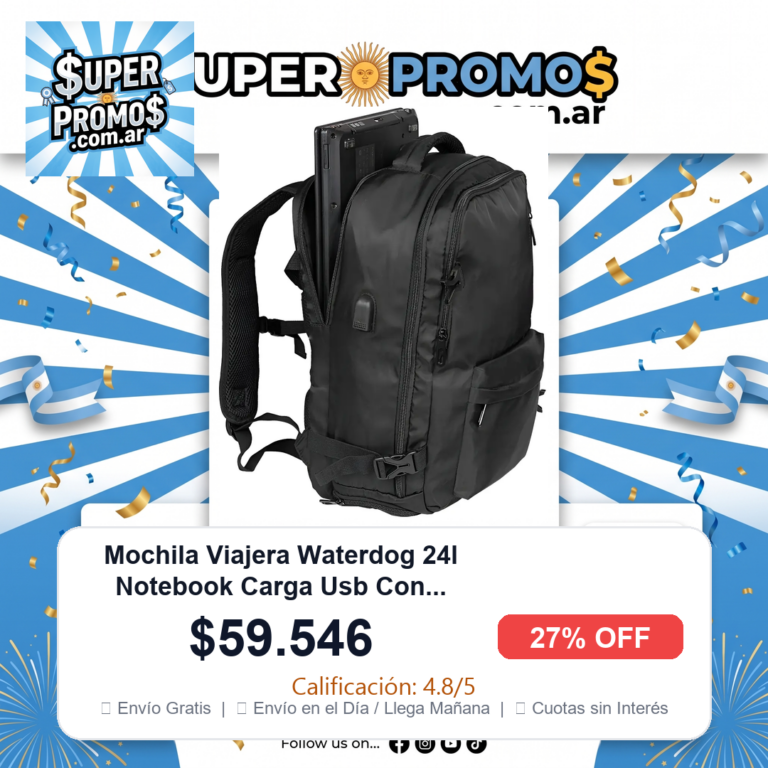 Mochila Viajera Waterdog 24l Notebook Carga Usb Con Manija Color Negro
