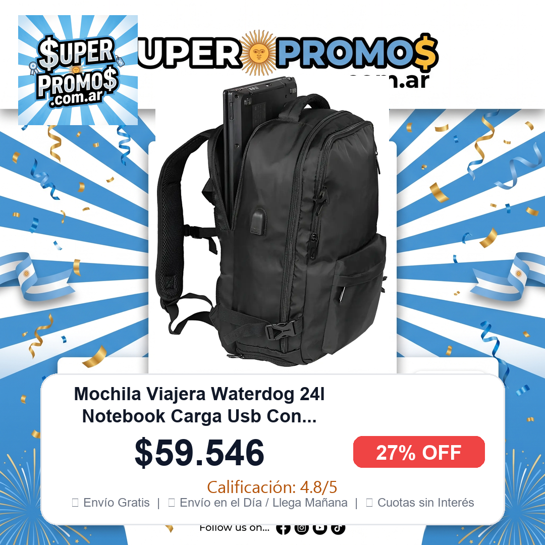 Mochila Viajera Waterdog 24l Notebook Carga Usb Con Manija Color Negro